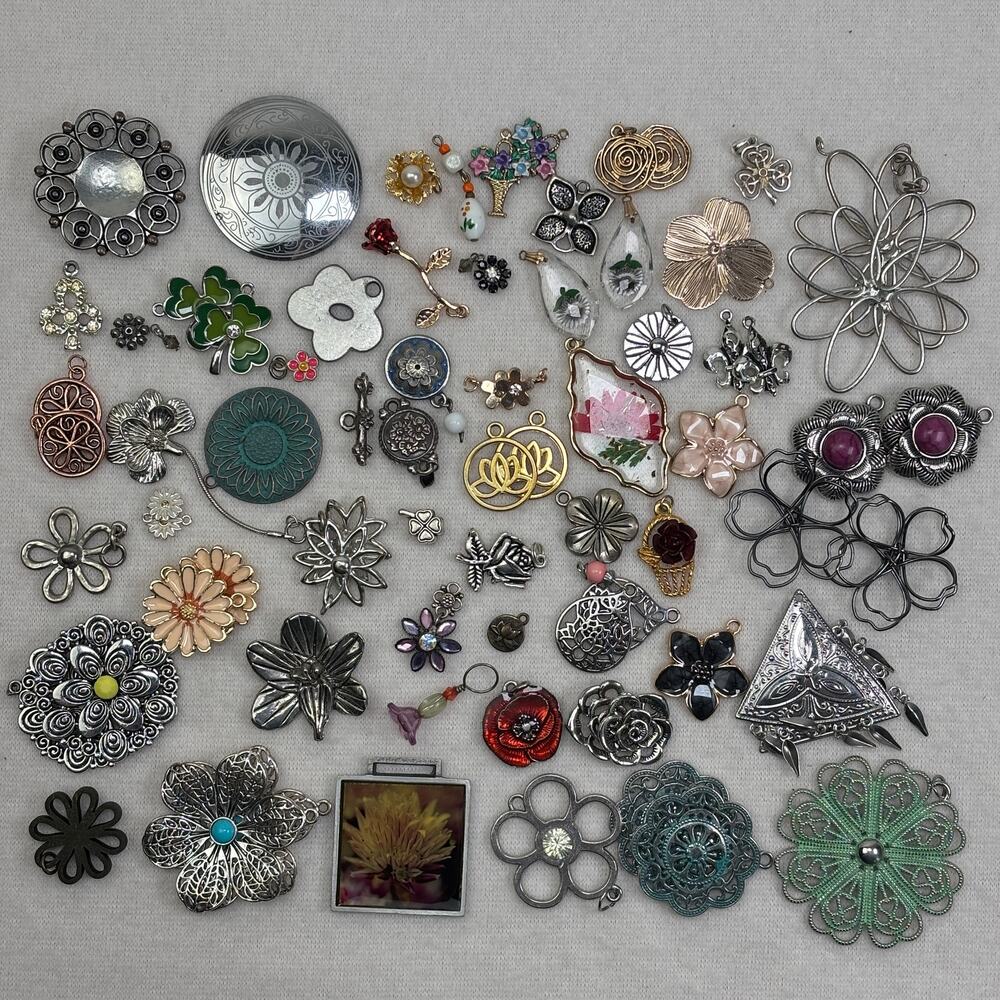 Floral Craft Jewelry Lot - 65+ Pendants Charms